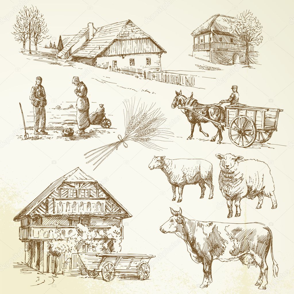 hand drawn set - rural landscape, village, farm animals