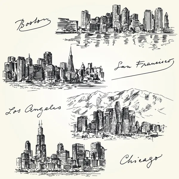 Villes américaines skylines - ensemble dessiné à la main — Image vectorielle