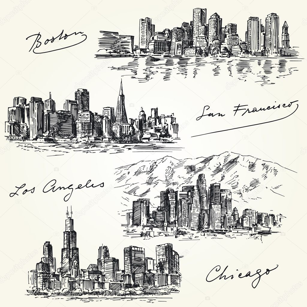 american cities skylines - hand drawn set