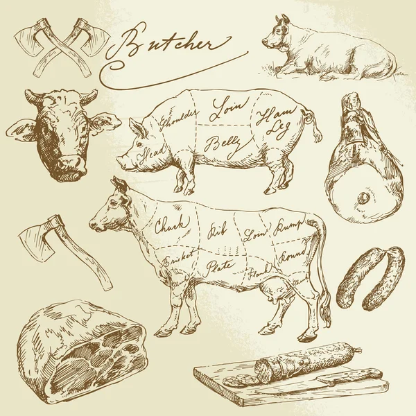 Carne de suíno e pedaços de carne de bovino - recolha manual Ilustração De Stock