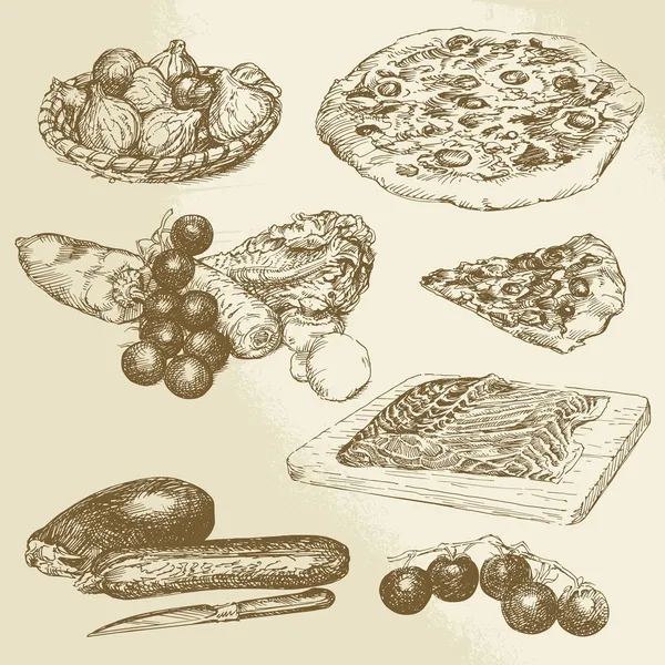 Comida italiana, set dibujado a mano - pizza, verduras — Vector de stock