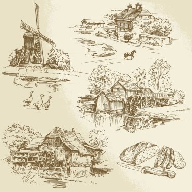 hand drawn collection - windmill and watermill