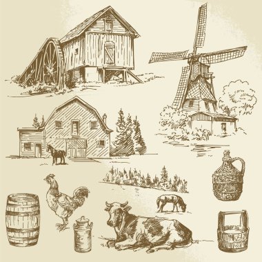 kırsal manzara, çiftlik - el çekilmiş yel değirmeni ve watermill