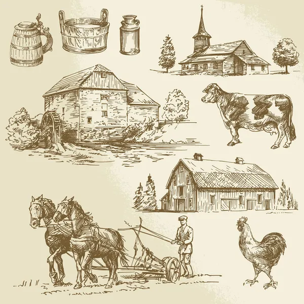 Paysage rural, ferme, moulin à eau dessiné à la main — Image vectorielle