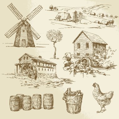 Watermill ve yel değirmeni - elle çizilmiş koleksiyonu