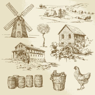 Watermill and windmill - hand drawn collection clipart