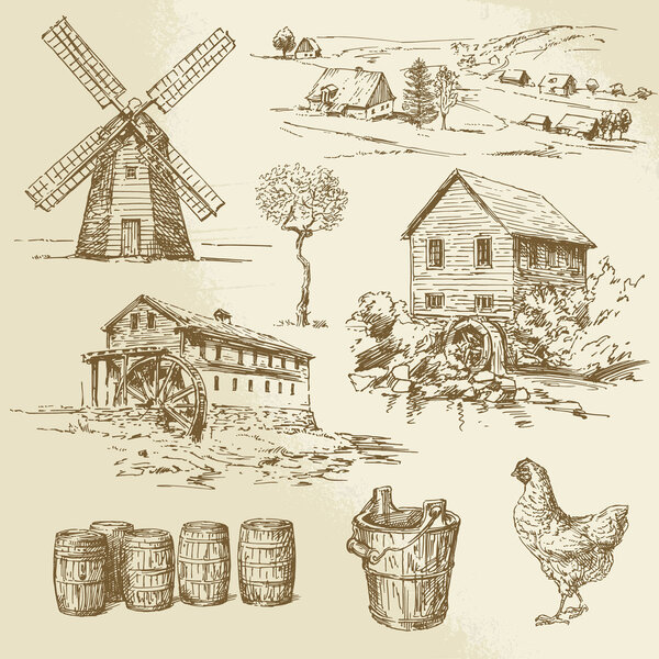 Watermill and windmill - hand drawn collection