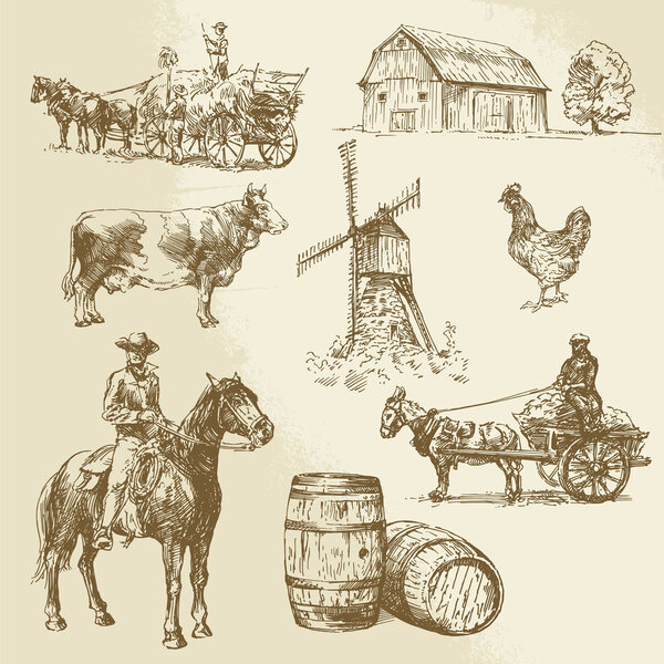 rural landscape, farm - hand drawn windmill