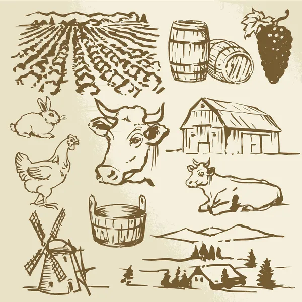 Granja, vaca, agricultura - colección dibujada a mano — Archivo Imágenes Vectoriales