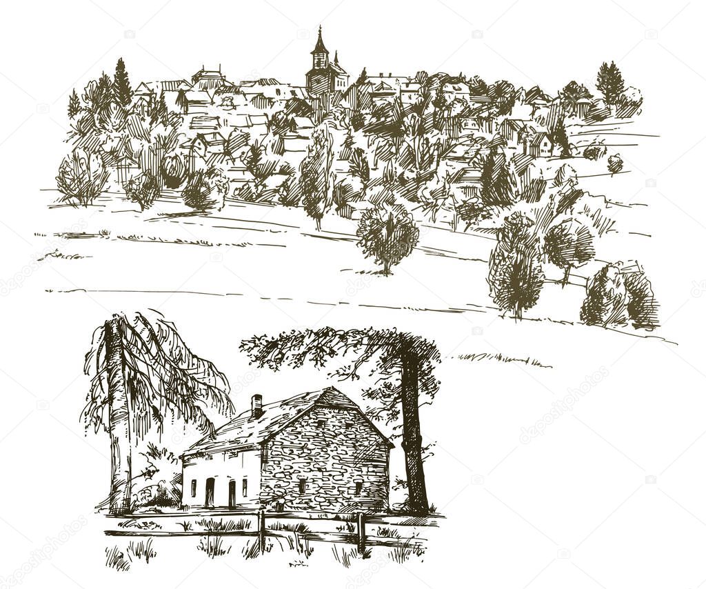 European village landscape illustration. Isolated, hand drawn vector.