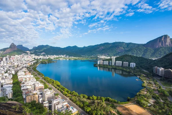 Panoramatický Výhled Lagunu Rodrigo Freitas Lagoa Rodrigo Freitas Kopce Cantagalo — Stock fotografie