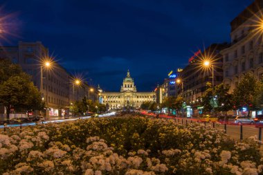 Prague, Czech Republic, June 2019 - Night view of the beautiful Prague National Museum (Narodni Muzeum) at Wenceslas Square 