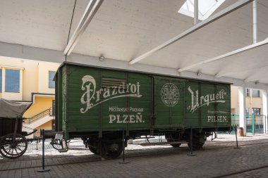 Plzen, Czech Republic, June 2019 - view of and old wagon used to transport Pilsner Urquell's beer all over Czech Republic