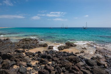 View of the beautiful and colorful Morro Jable Beach (Playa Morro Jable) - Fuerteventura, Canary Islands, Spain