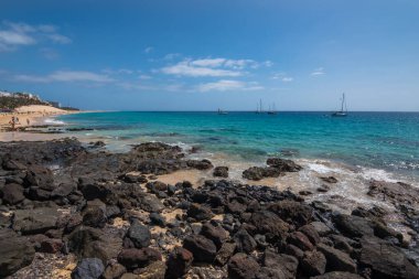 View of the beautiful and colorful Morro Jable Beach (Playa Morro Jable) - Fuerteventura, Canary Islands, Spain
