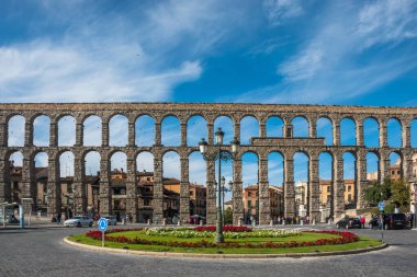 Segovia, Spain, October 2019 - wide view of the famous Aqueduct of Segovia