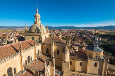 Panoramic view of Segovia and the Alcazar in the distance from the bell tower of the Cathedral of Segovia- Segovia, Spain