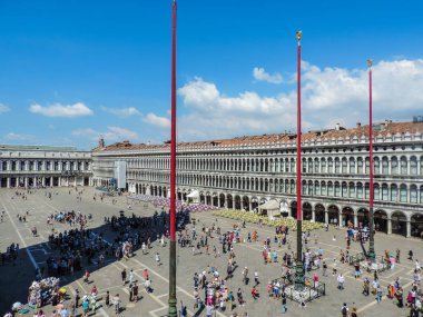 Venice, Italy, July 2107 - Day view of Piazza di San Marco seen from a balcony at the Basilica di San Marco 