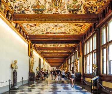 Florence, Italy, June 2017 - View of a beautiful corridor at Galleria Degli Uffizi