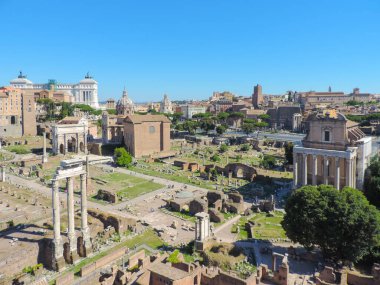 View of Foro Romano and it's many structures from viewpoint at Palatine Hill - Rome, Italy