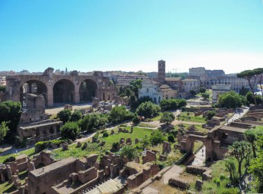 View of Foro Romano and it's many structures from viewpoint at Palatine Hill - Rome, Italy