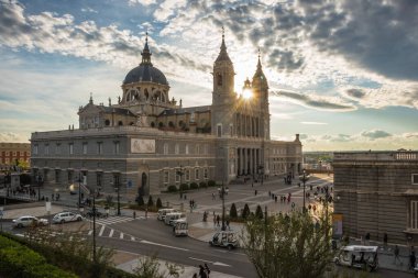 Madrid, Spain, October 2019 - view of the Cathedral Santa Maria la Real la Almudena by the sunset 