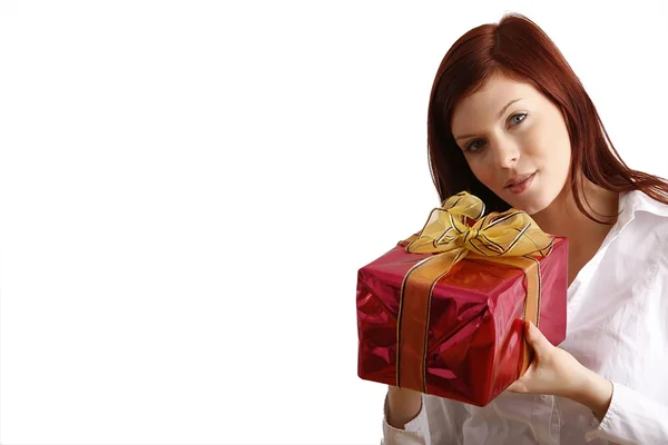 Woman holding gift box — Stock Photo, Image