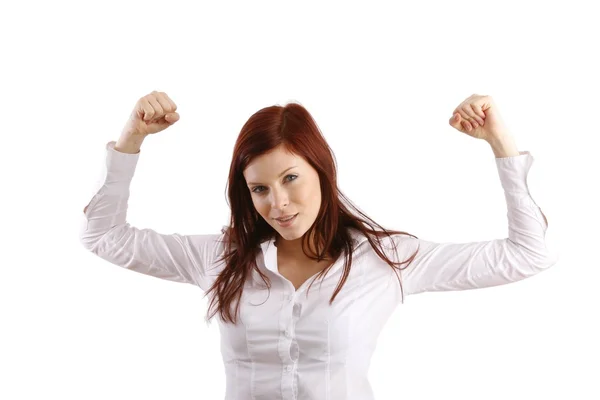 Cute young smiling woman showing her biceps — Stock Photo, Image