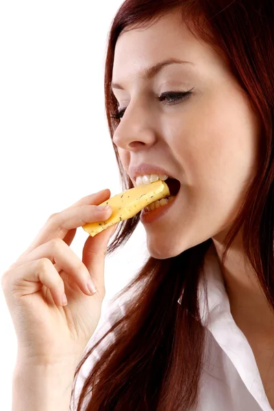 Γυναίκα τρώει το τυρί — Φωτογραφία Αρχείου