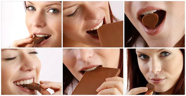 Collage van vrouw mond wens eten — Stockfoto