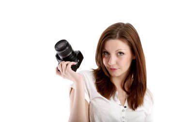 kız beyaz bir gömlek bir kamera ile poz