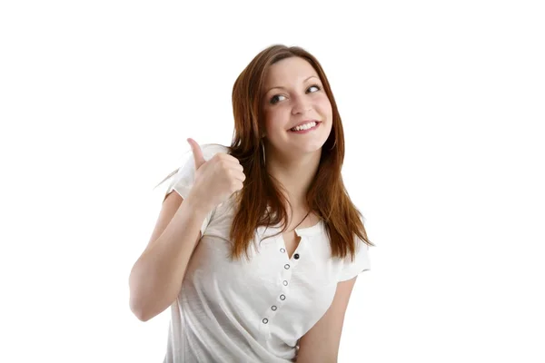 Girl posing in a white t-shirt and shows the sign — Stock Photo, Image