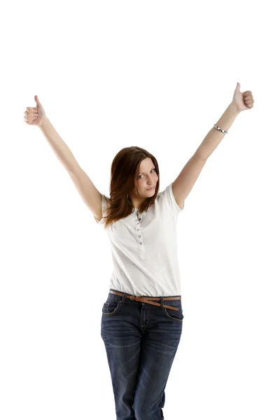 Girl posing in a white T-shirt and jeans shows a sign — Stock Photo, Image