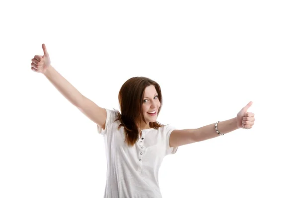 Chica posando en una camiseta blanca y muestra el signo — Foto de Stock