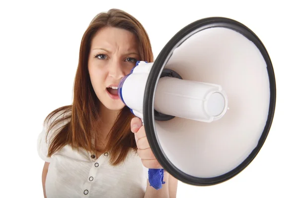 Menina posando em uma camiseta branca com um megafone — Fotografia de Stock