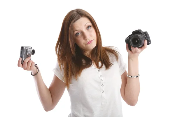 Girl posing in a white shirt with cameras — Stock Photo, Image