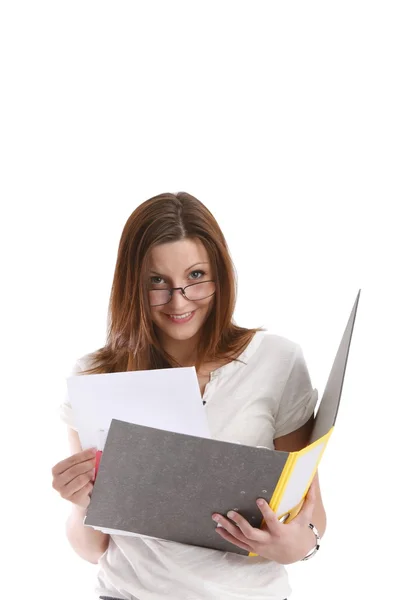 Chica posando con gafas y una carpeta — Foto de Stock