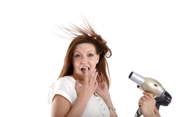 Chica con secadores de pelo en las manos de —  Fotos de Stock