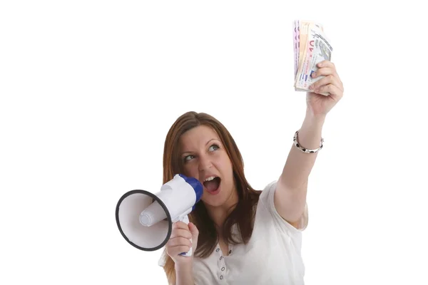 Girl posing in a white T-shirt with a megaphone and money — Stock Photo, Image