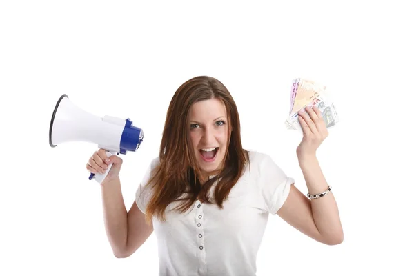 Girl posing in a white T-shirt with a megaphone and money — Stock Photo, Image
