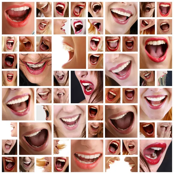 Kolaj, birçok farklı gülümser yapılmış — Stok fotoğraf