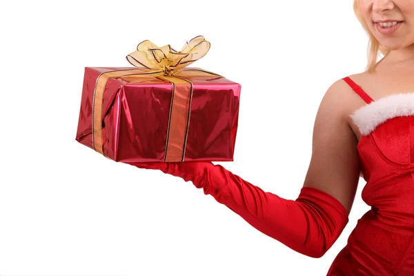Menina vestida de Papai Noel com um presente — Fotografia de Stock