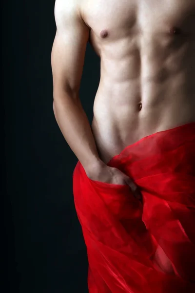 Sensual nude men with red cloth — Stock Photo, Image