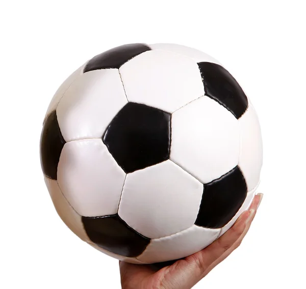 Balón de fútbol en su mano —  Fotos de Stock