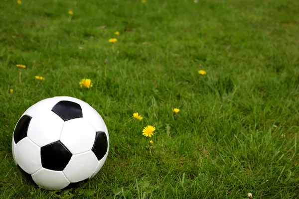 Ballon de football sur herbe verte. — Photo