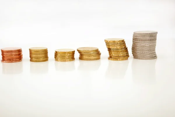 Euro coins stacked up in a row, isolated on white background — Stock Photo, Image