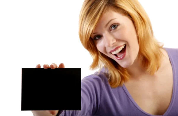 Woman and a card with place for text — Stock Photo, Image