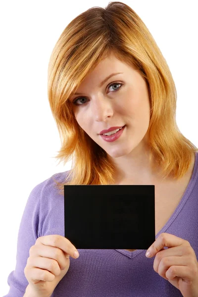 Mujer y una tarjeta con lugar para el texto — Foto de Stock