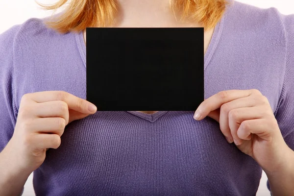 Woman and a card with place for text — Stock Photo, Image