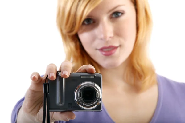 Young beautiful woman with a camera — Stock Photo, Image